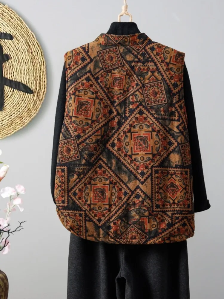 Chinese Style Vintage Printed Cotton Linen Jacket Women's Winter Large Size Improved Tang Costume Shoulder Pad Vest Coat