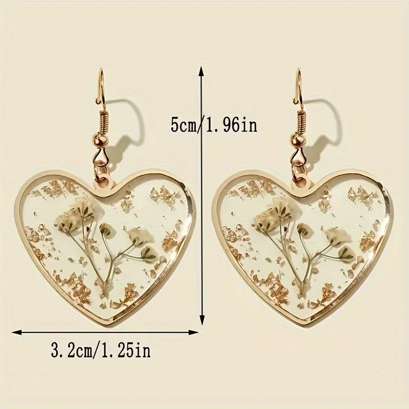 Fashionable Dry Flower Heart Earrings Transparent Resin Ear Drops Women's Holiday Party Gifts Jewelry Accessories