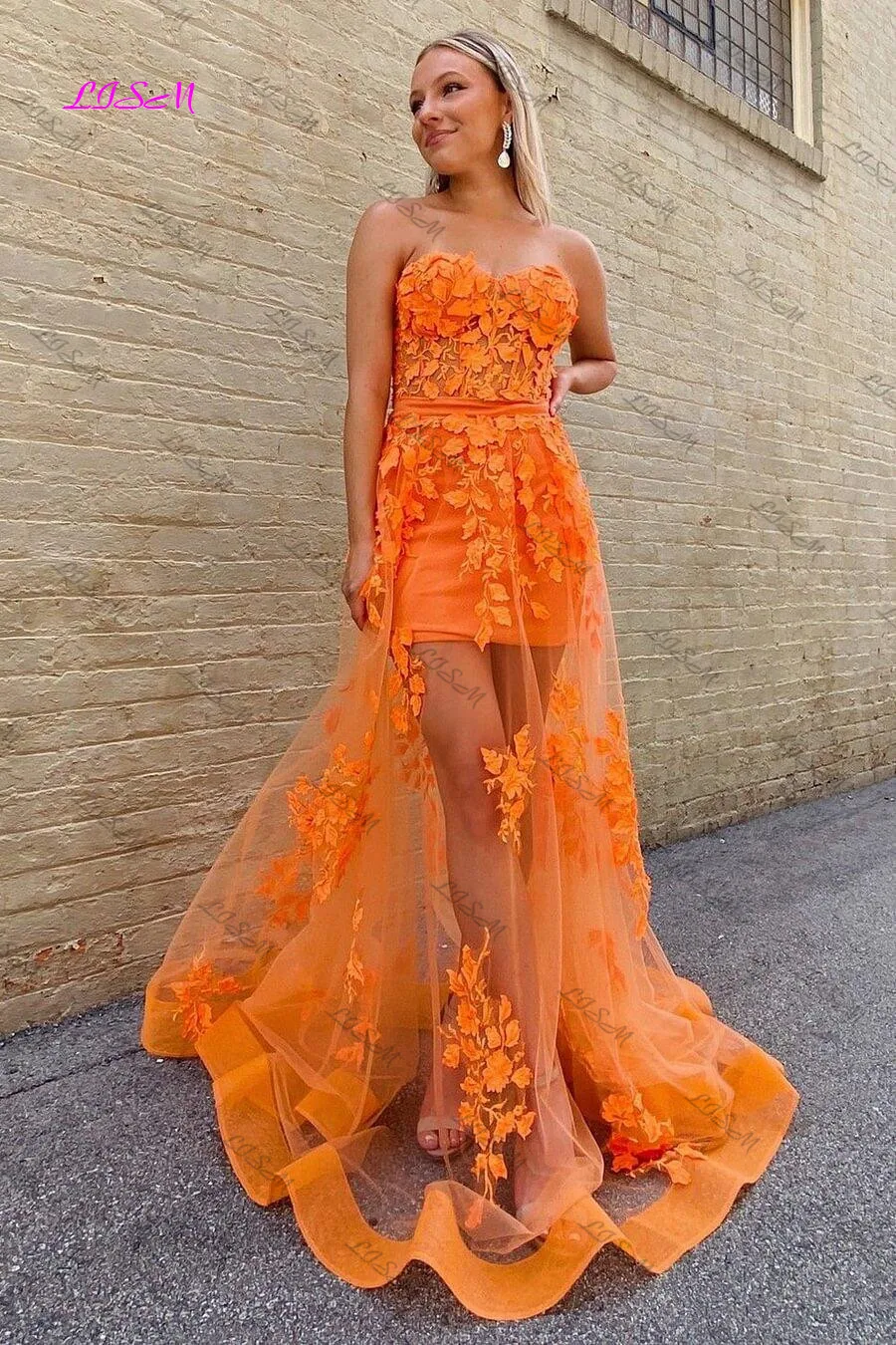 Robe de soirée corset longue fourreau orange avec appliques, robes de soirée chérie, longueur au sol A-ligne, robe de soirée en tulle, charmant, 2024