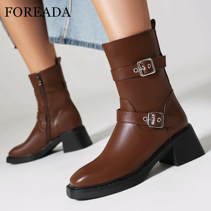 

FOREADA Women Ankle Boots Square Toe Thick High Heels Buckle Zipper Short Boots Ladies Fashion Shoes Winter Black Dark Brown 43