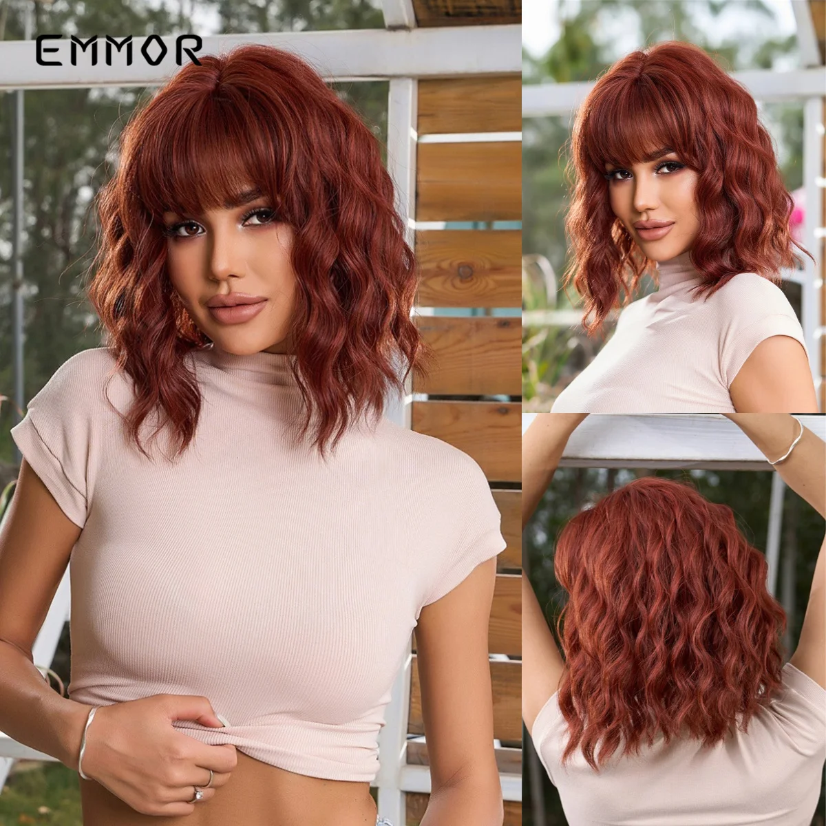 Short Emmor Synthetic Black Wavy Wigs with Bangs Natural Cosplay Curly Wig for Women Party Heat Resistant Fiber Hair