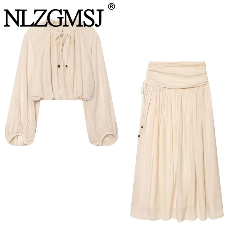 NLZGMSJ 2026 Sommer Casual Damenanzug O-Ausschnitt Falten-Effekt Kurze Bluse Reißverschluss Langer Gerader Rock Modische Urlaubssets