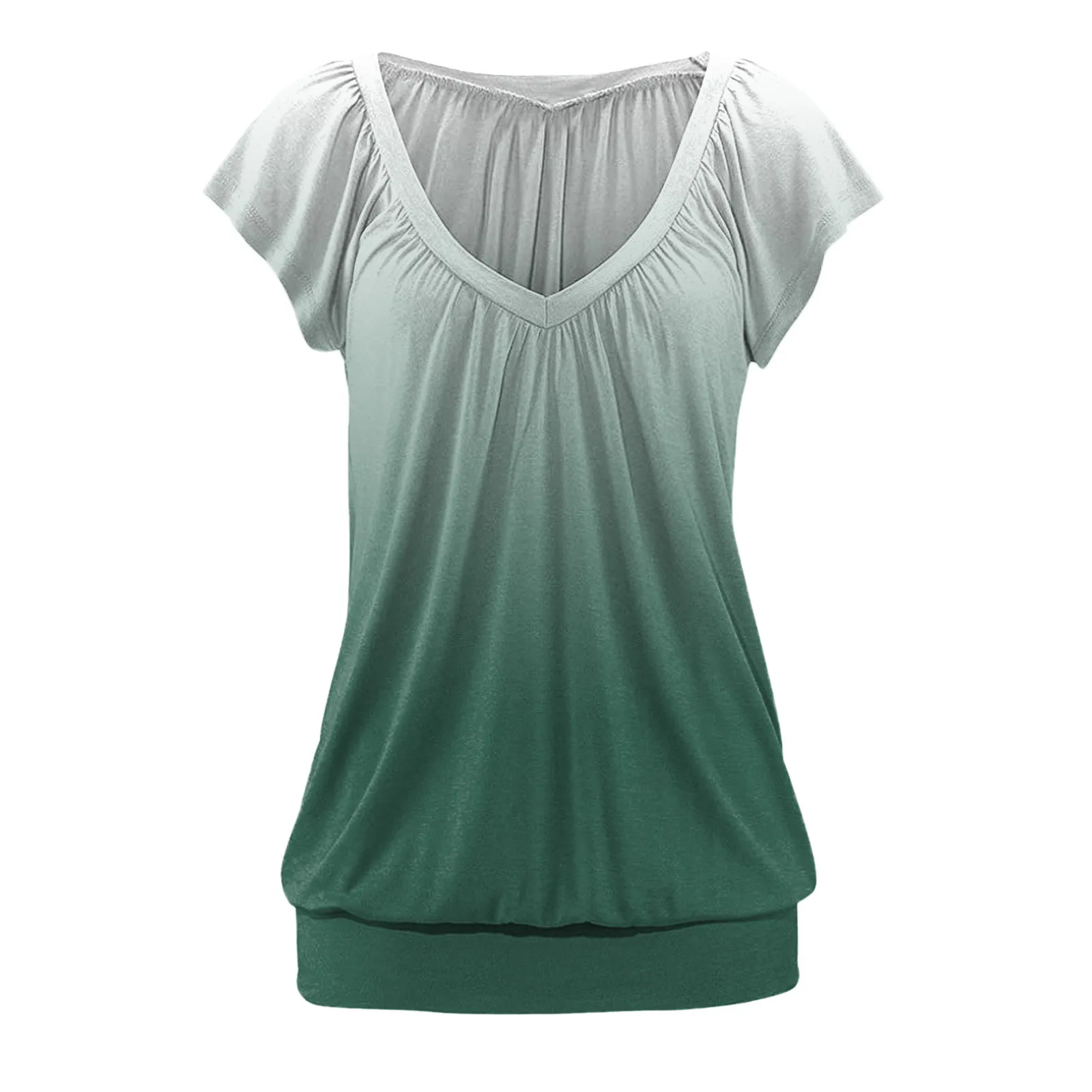 

New Women's Green Blouse Short Sleeve Sexy V-neck Tops Shirt Woman Summer Gradient Blouse Tunic Clothes