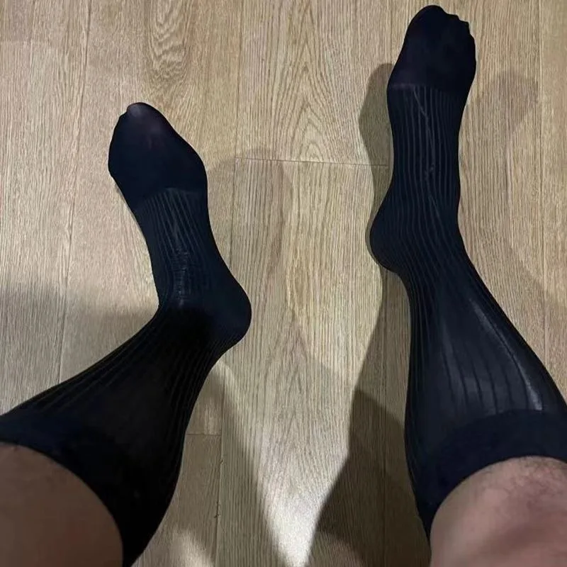 Shiny Striped Mens Stockings Sexy Large Size Seamless Calf Socks for Men Japanese Style Gentleman Business Silk Dress Long Socks