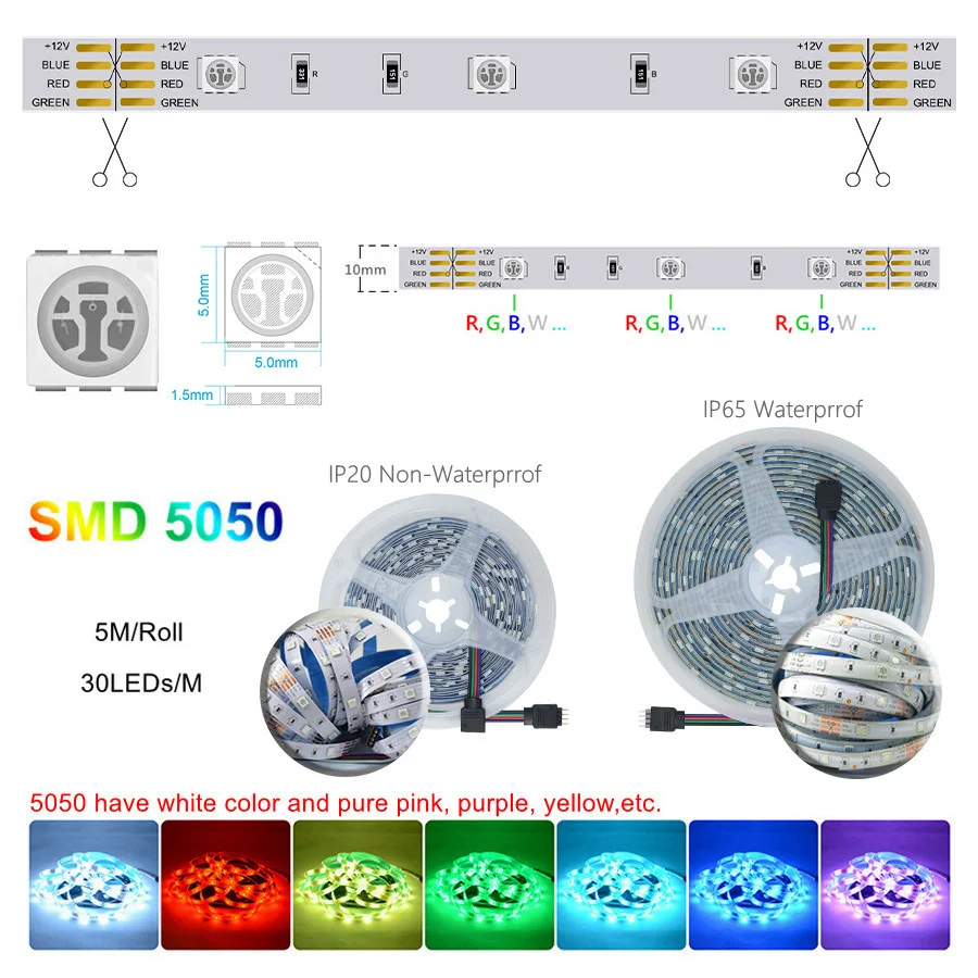 Flexível LED Strip Lights para decoração do quarto, fita SMD lâmpada, fita de diodo, TV Backlight, 5V, 5050