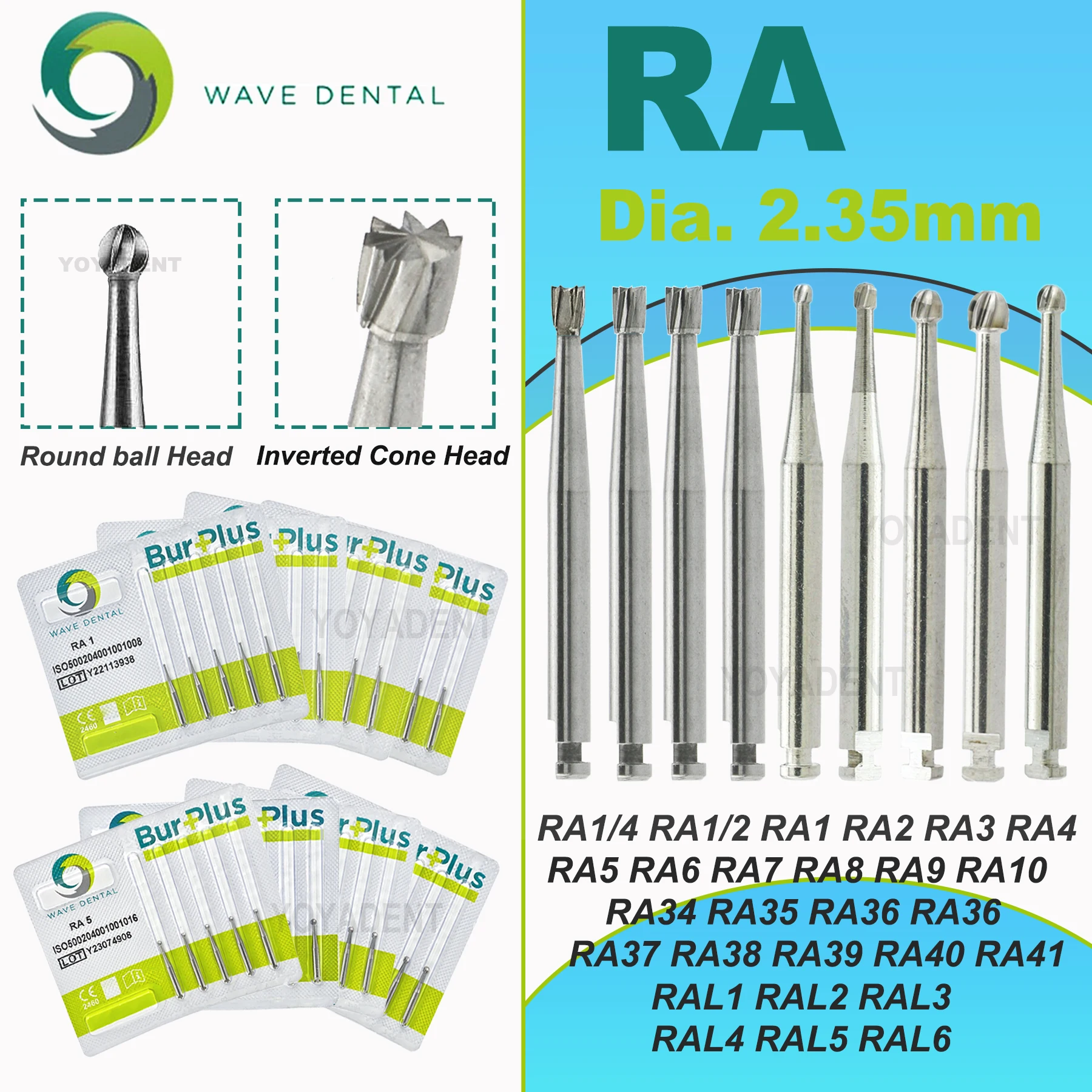 

WAVE RA Сверла Стоматологические боры из карбида вольфрама для низкоскоростного углового наконечника Диаметр клубники. 2,35 мм 5 шт./упак.