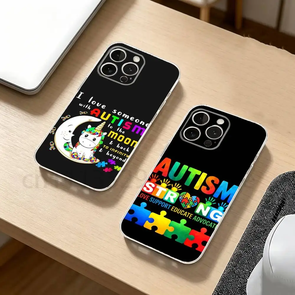 Autism Support Puzzle Phone Case For iPhone17,16,15,14,13,12,11,XR,Pro,Max,Plus,mini,Transparent Soft Cover