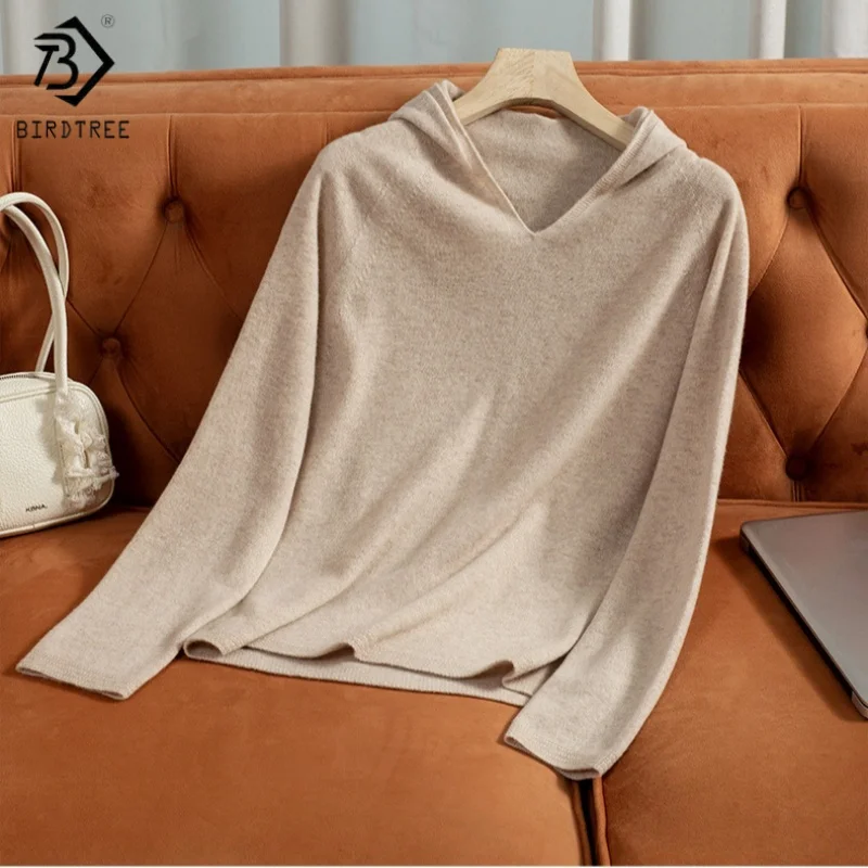 

Birdtree, майка из 100% овечьей шерсти, женская трикотажная теплая рубашка с капюшоном, бесшовная, осенне-зимняя основа 2025, мягкий пуловер T5N712JF