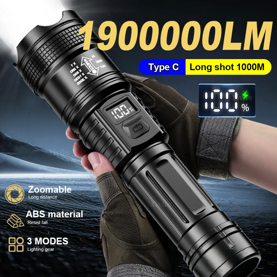 

1900000LM ультра мощный фонарь типа C аккумуляторный светодиодный факел XHP50 сильный свет фонарь встроенный батарея кемпинг фонарь