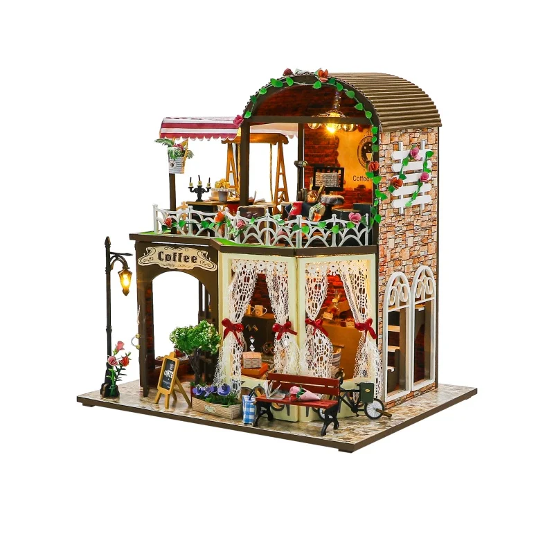 OUZEY Two-Story Flower Villa DIY, 3D Wooden Dollhouse with Garden, Creative Building Kit for Teens