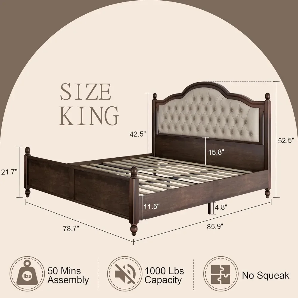 King Size madeira maciça Bed Frame, Transicional Cama Plataforma com estofados cabeceira adornada, Rubberwood e Coluna Romana Acentos, 52,5 pol