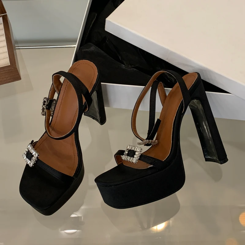 

Sexy Platform Sandals Woman Rhinestones Crystal Buckle Fashion Square Toe Thick High Heeled Summer Pumps Party Banquet Shoes