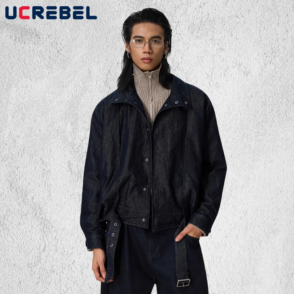 

Джинсовая куртка-карго в стиле ретро, мужская потертая потертая верхняя одежда с воротником-стойкой и длинными рукавами, мужская одежда