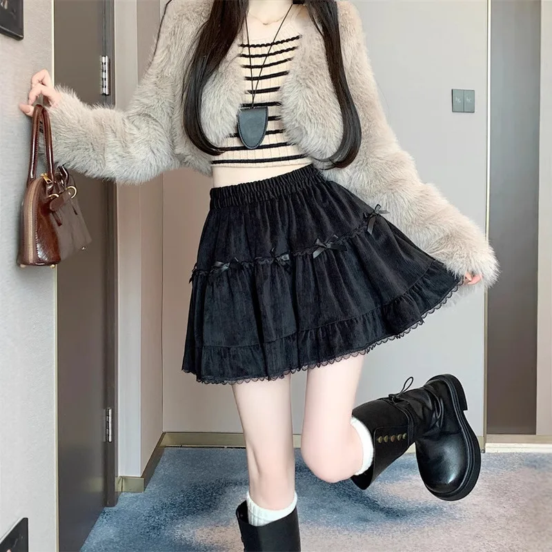 2026Spring new sweet ballet-style bow skirt, high-waisted layered lace trim puffy short skirt for women