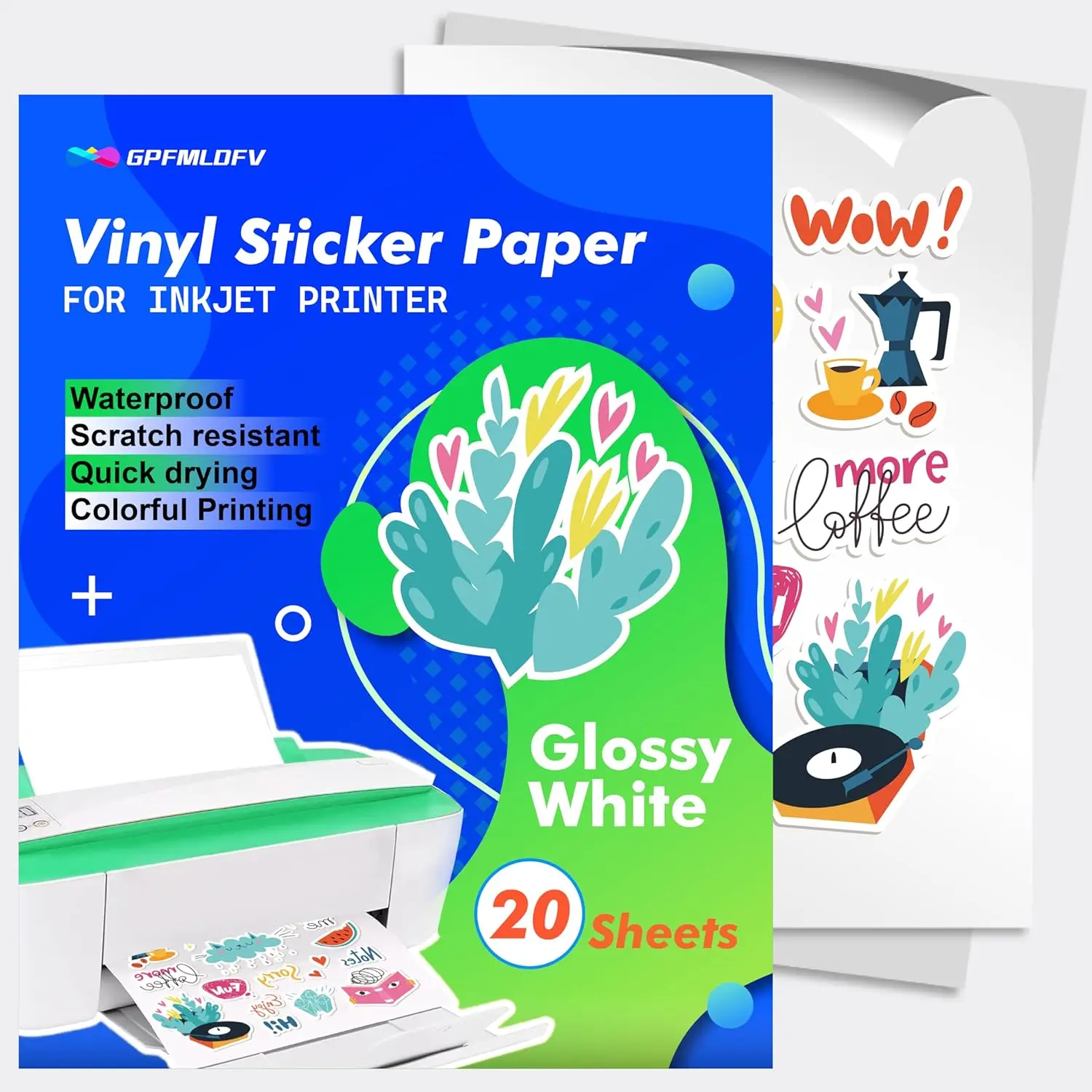 

20 Glossy Sticker Paper for Inkjet Printer, Waterproof Printable Vinyl White Decal Sheets A4, Holds Ink Beautifully & Dries