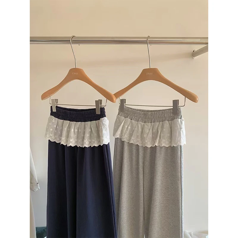 Streetwear Breite Bein Hosen Frauen Y2K Harajuku Spitze Patchwork Jogginghose Mode Baggy Jogger Sommer Koreanische Casual Hosen Neue