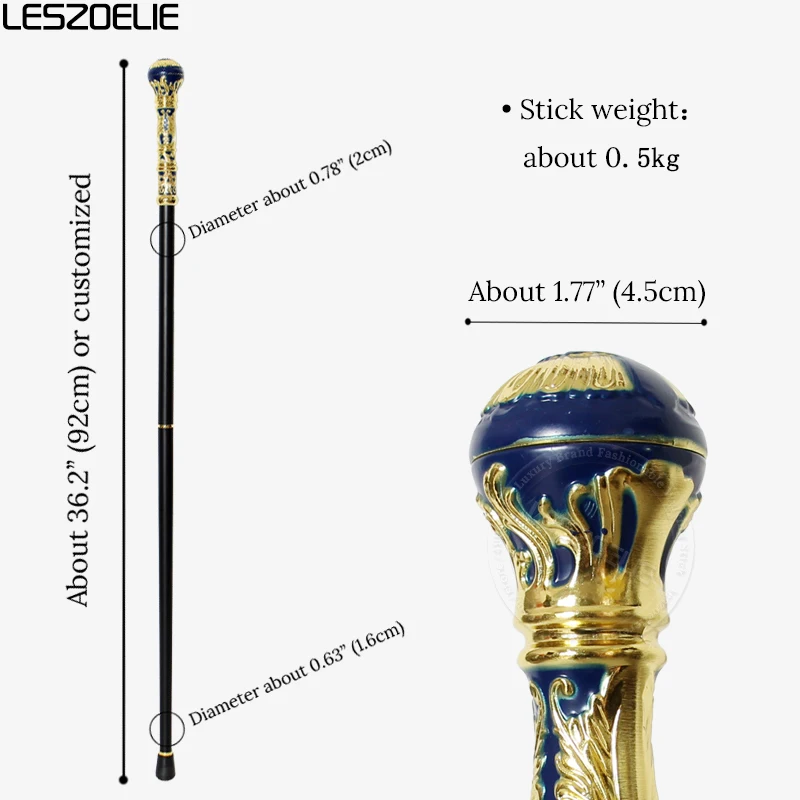 Bengala de Luxo Azul e Dourada de 92cm com Cabo Redondo Destacável Estilo Vintage para Homens e Mulheres