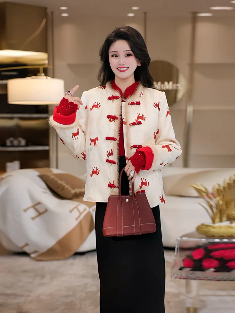 

Красное пуховое пальто Red Du для женщин, новогоднее, в китайском стиле, из гусиного пуха, теплое, с длинными рукавами, круглым вырезом, короткая модель