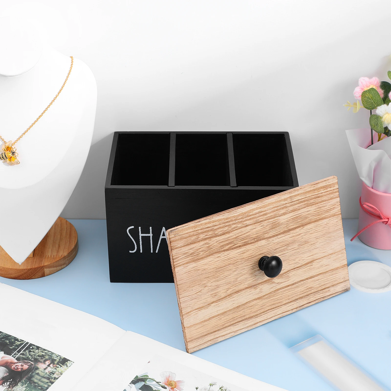 

Sanitary Napkin Storage Box Tampon Holder Pad Storage Cotton Pads Wooden Container Bin Lid Adjustable Interior Privacy