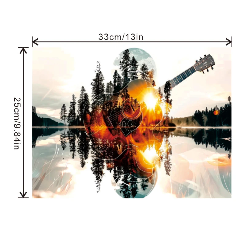 Jeu de puzzle en bois avancé pour adultes - Réflexion de lac et scènes de guitare et de forêt, bois épais et durable, couleur coucher de soleil vibrante, bord sans couture - Anniversaire, Thanksgiving, Pâques, thème naturel et musical, activités créatives de divertissement à domicile, idées cadeaux de vacances