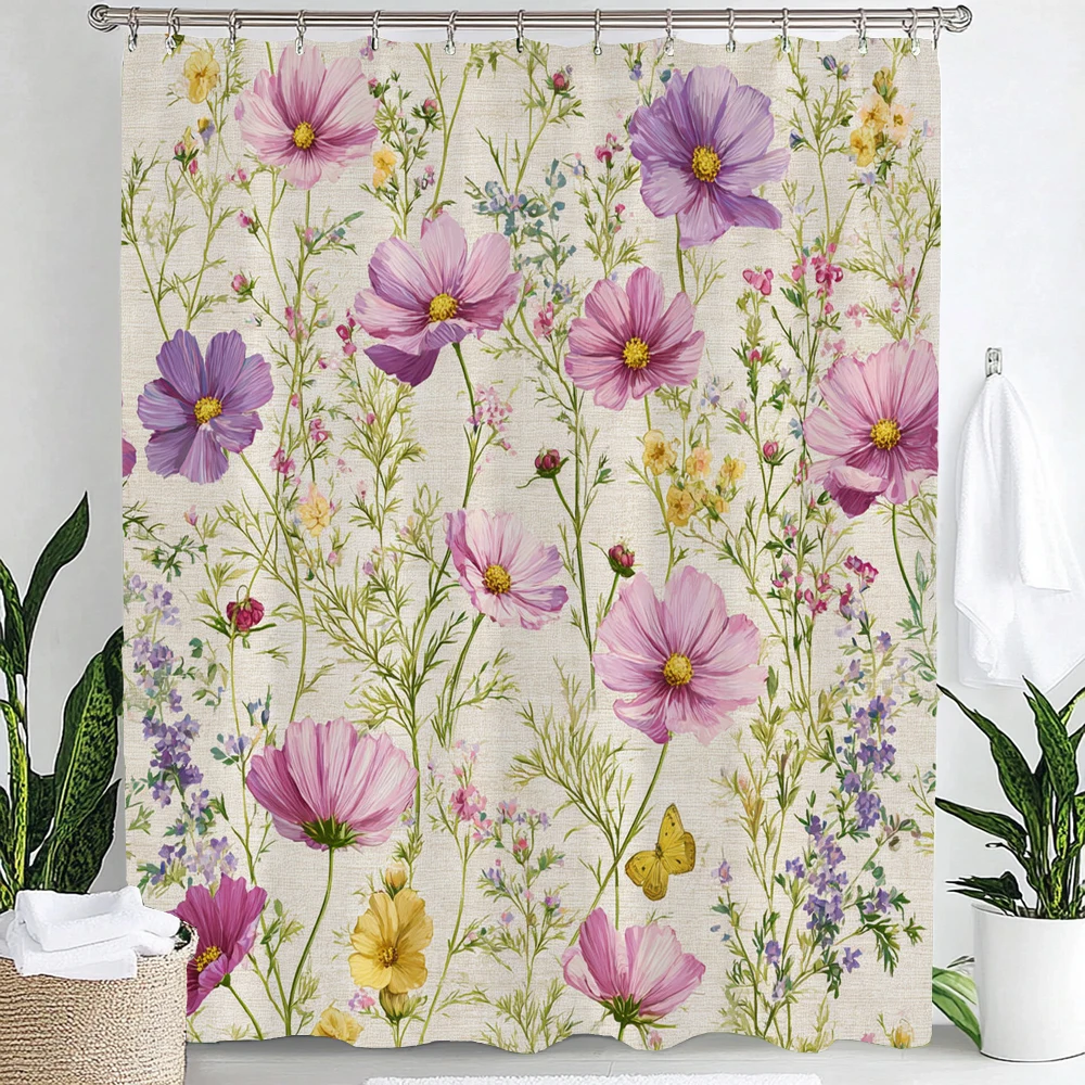 Watercolor Purple Tulip Shower Curtain Green Leaf Vine Linen Textured Background Vintage Floral All Over Print Waterproof Polyes