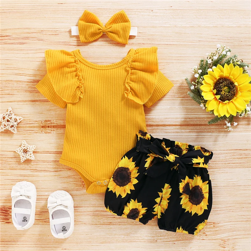 3PCS Baby Girl Clothes Set Short Sleeved Solid Color Ruffled Romper + Sunflower Print Shorts + Bow Headband