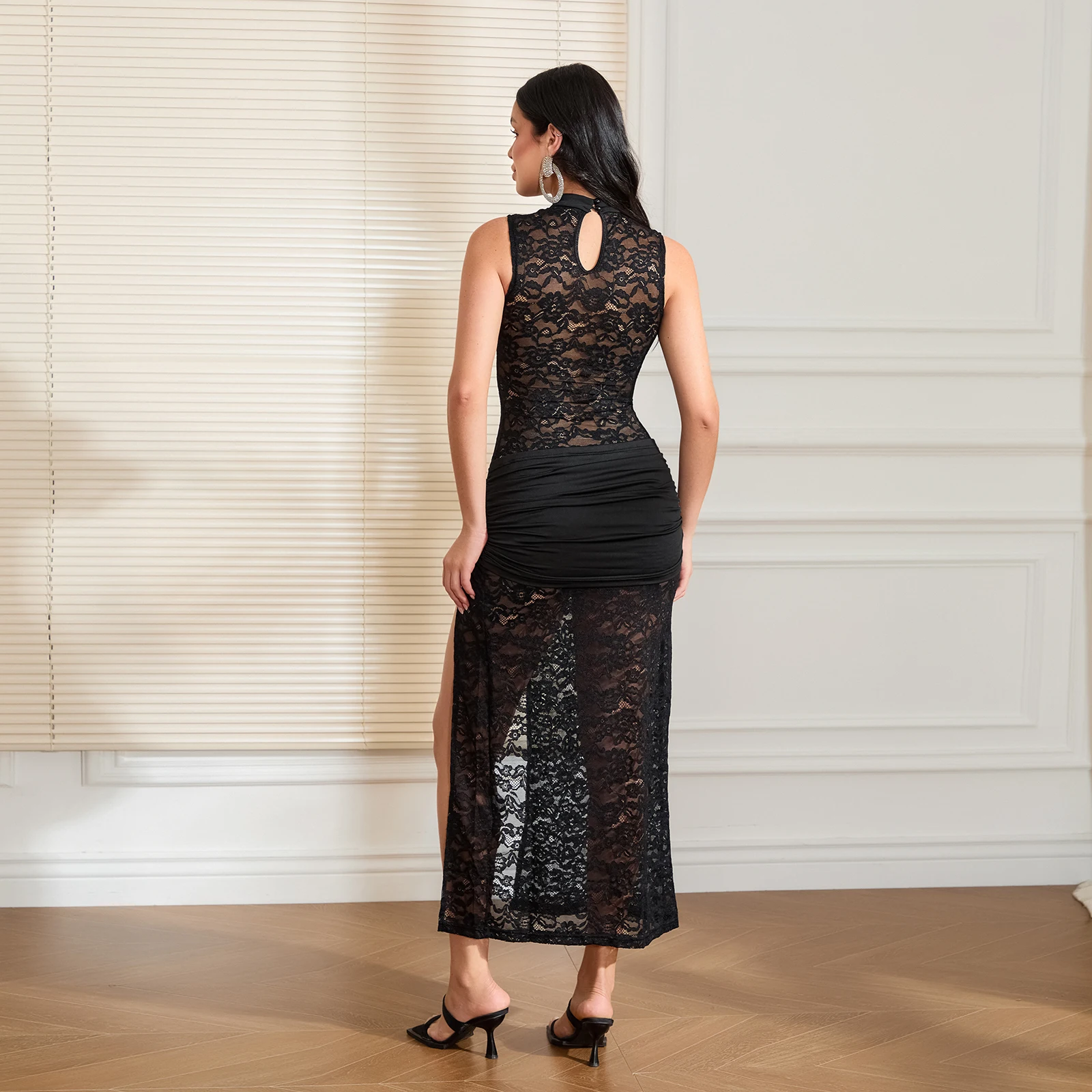 Vestido feminino verão cor sólida sexy longo festa coquetel sem mangas alta divisão recorte renda floral vestidos regata