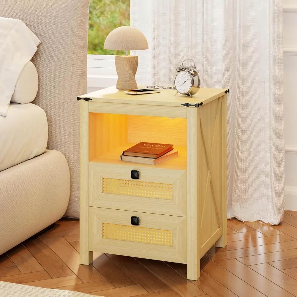 

Nightstand with Charging Station, Farmhouse End Side Table with Drawers for Bedroom, Smart Night Stand with 3 Color LED Light