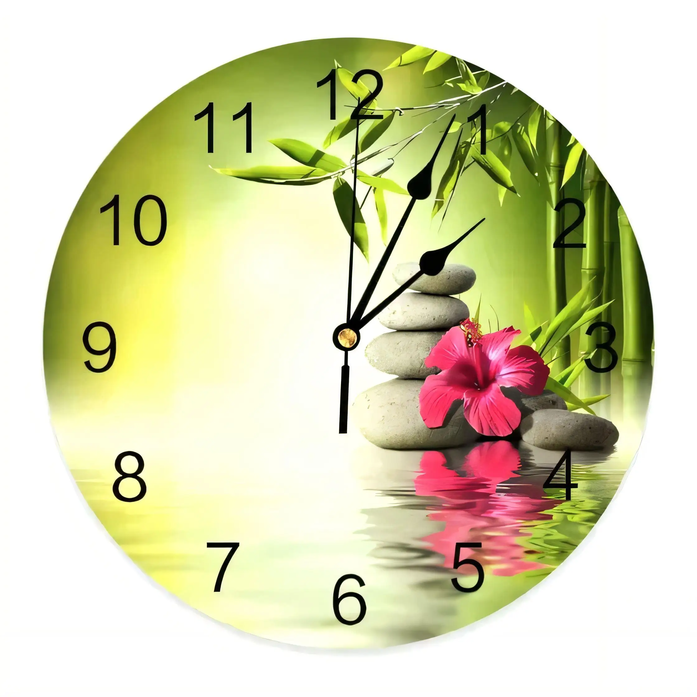 Silent Round Wall Clock  Bamboo Stones Hibiscus Zen Decor for Yoga Meditation Living Room Home Office 128 Bytes