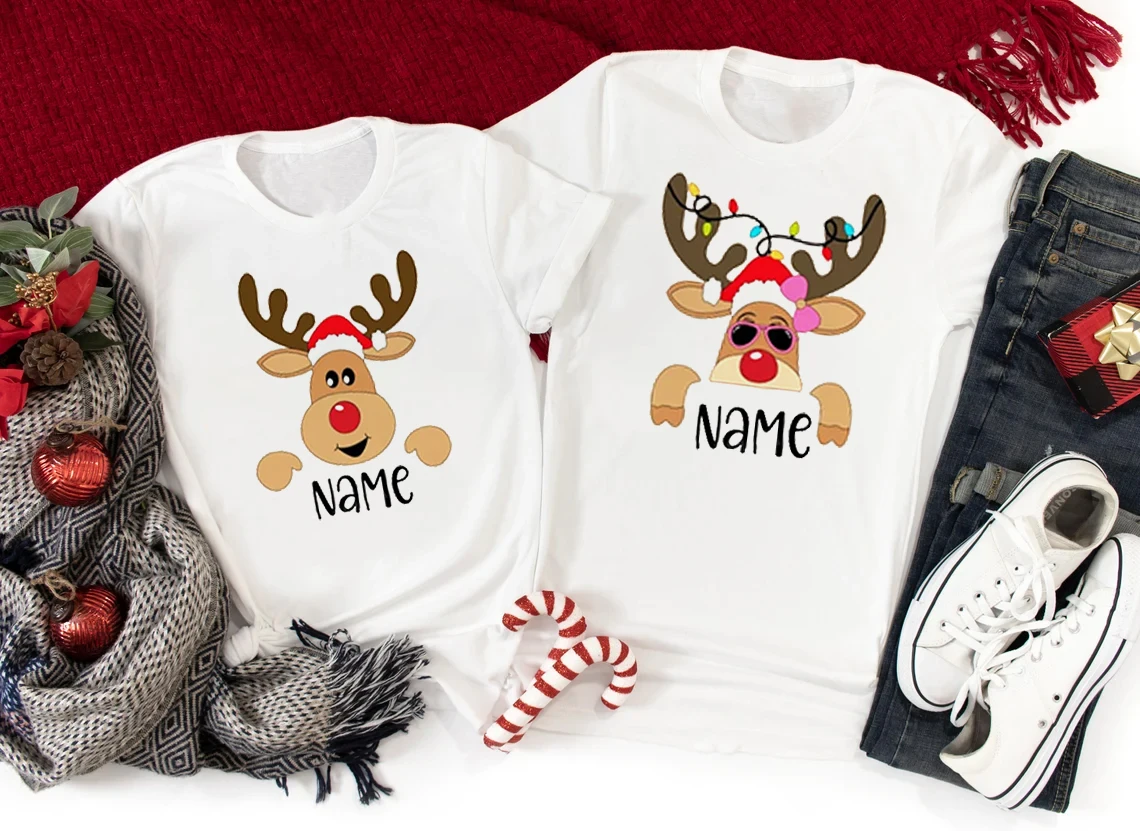 Christmas Customized Print T-Shirt DIY Name Women Reindeer Name Family Matching T-Shirt Personalized Reindeer Family Shirts