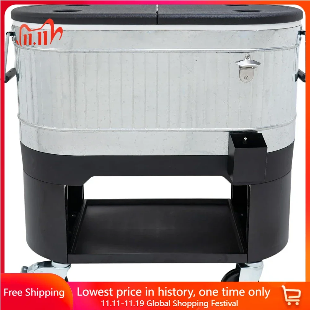 

120-Qt Party Ice Cooler Table with Wheels and Handles, Galvanized Steel, Outdoor Patio Ice Cooler Table