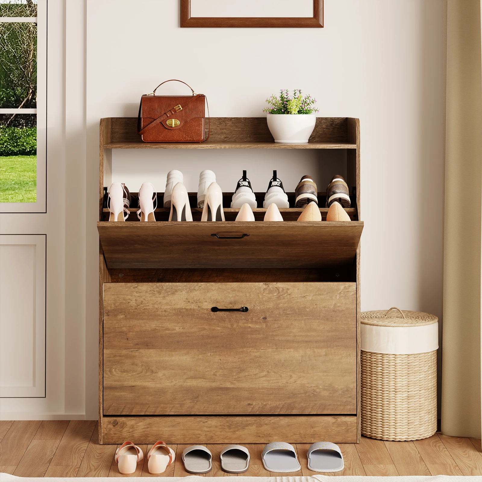 

Farmhouse Shoe Storage Cabinet with 2 Flip Drawers, Freestanding Shoe Organizer with Metal Legs for Entryway, Narrow Shoe Rack