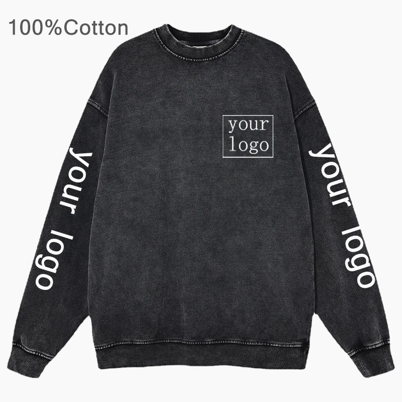 100% Cotton Men's Custom Clothing Crew Neck Pullover Vintage Black Acid Wash Hoodies DIY Logo/Text Print Sweatshirts Y2K Clothes