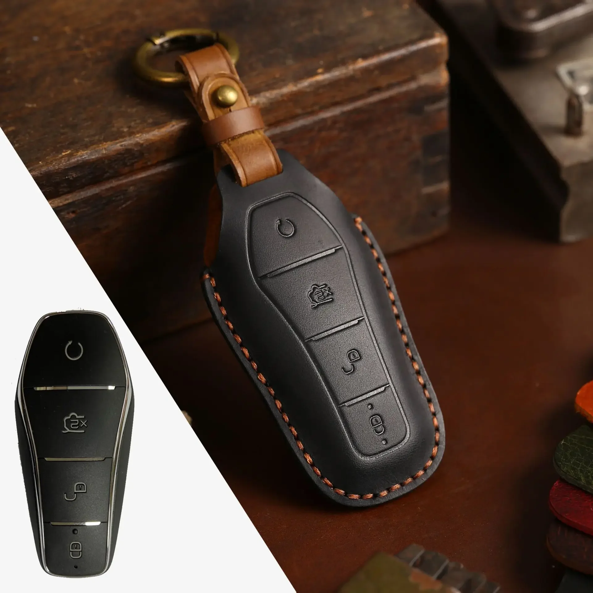 

1pc Leather Car Smart Key Case Cover Handmade Key Bag For BYD DM Tang Song Dm-i Max Pro QIn Pro Yuan Ev And Dolphin 2022 2023