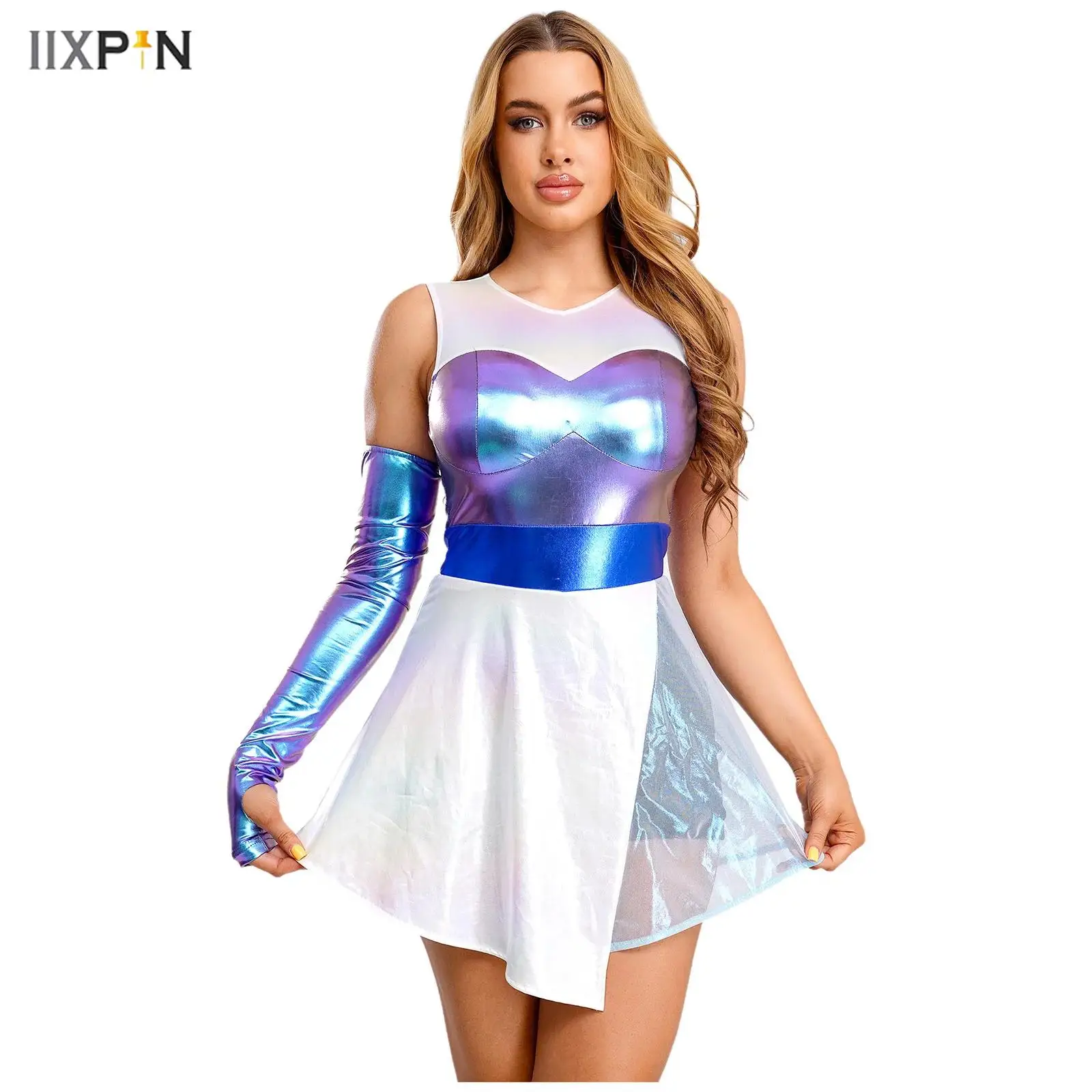 

Womens Outerspace Astronaut Cosplay Dress Iridescent Metallic Color Blocking Patchwork Hem Jumpsuit A-line Dress with Oversleeve