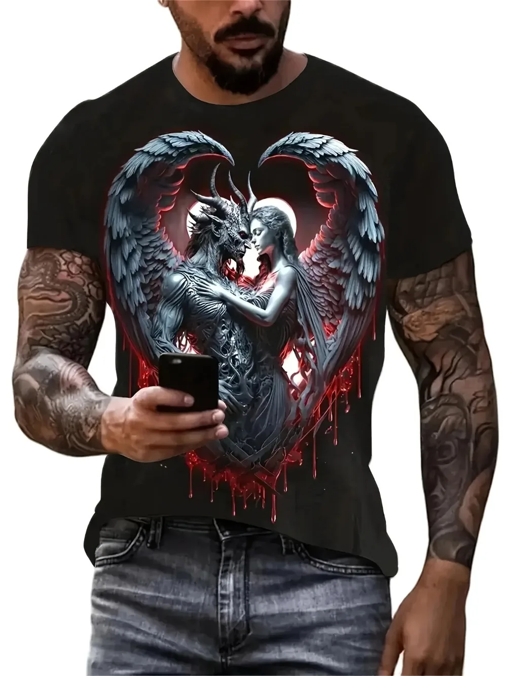Dark Gothic Angel Demon Love T‑Shirt Wing Heart Frame 3D Printed Tee Mysterious Horror Fantasy Casual Short Sleeve Tops for Men