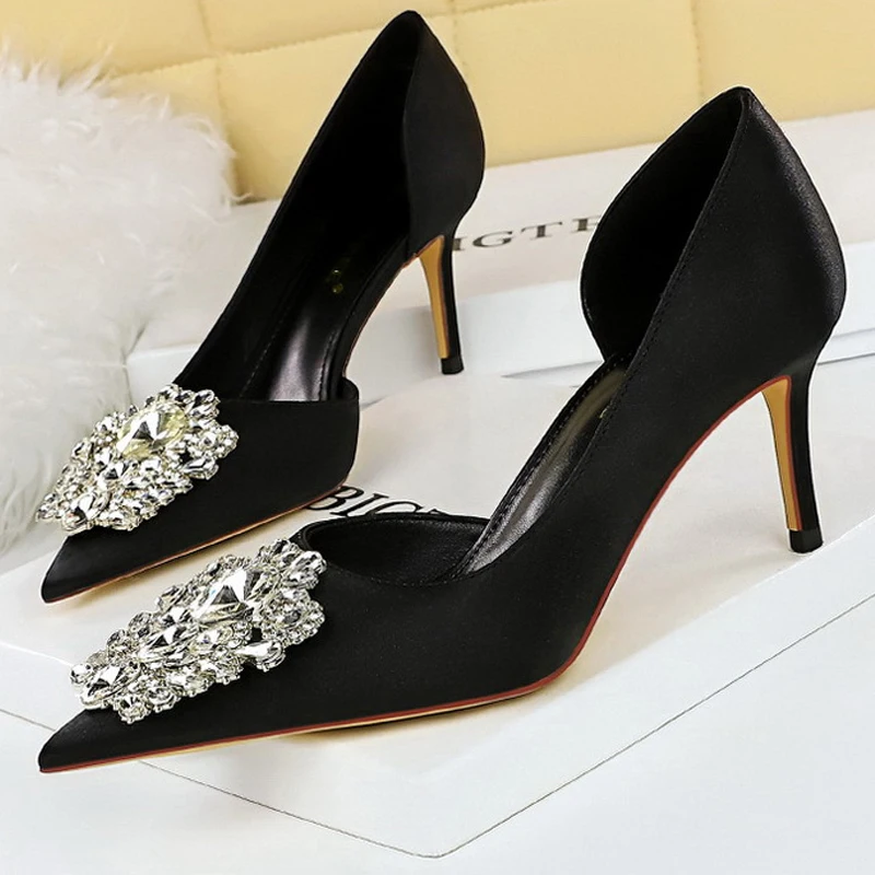 Rhinestone Kitten Heels Women Pumps Elegant Luxurious Banquet Shoes Pointed High Heels Lady Stilettos 7 Cm 10.5 Cm Heeled Shoes