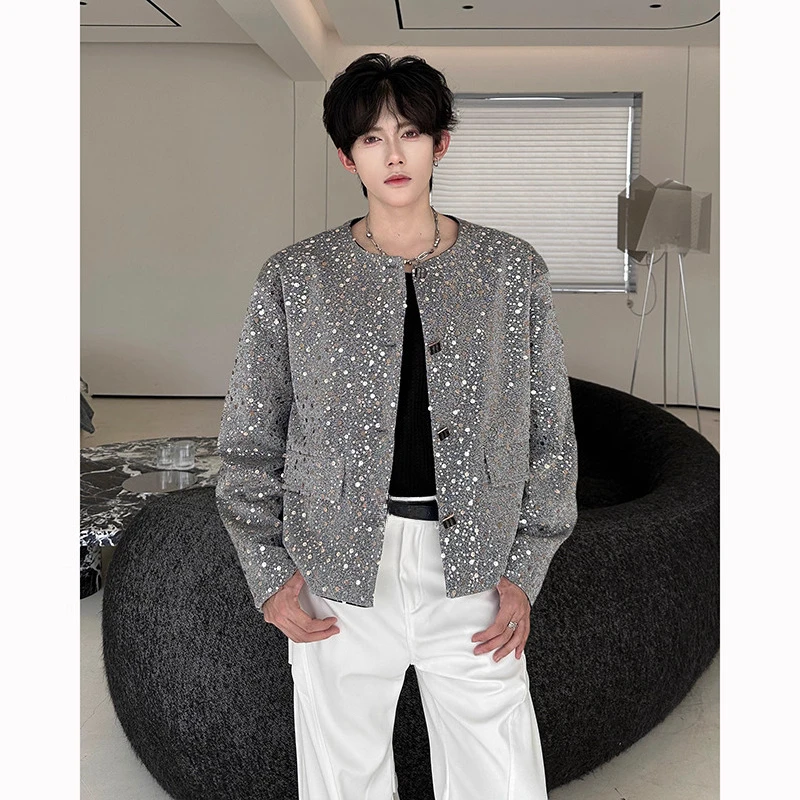 Men's 2025 Autumn New Sequin Fine Flash Short Jacket Men's Fashion Single Row Multi-Button Small Fragrant High Street Trend Coat