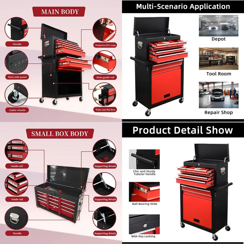 

8-Drawer Mobile Workshop Toolbox with Detachable Cabinet, Lockable Storage, Wheels, in Black & Red