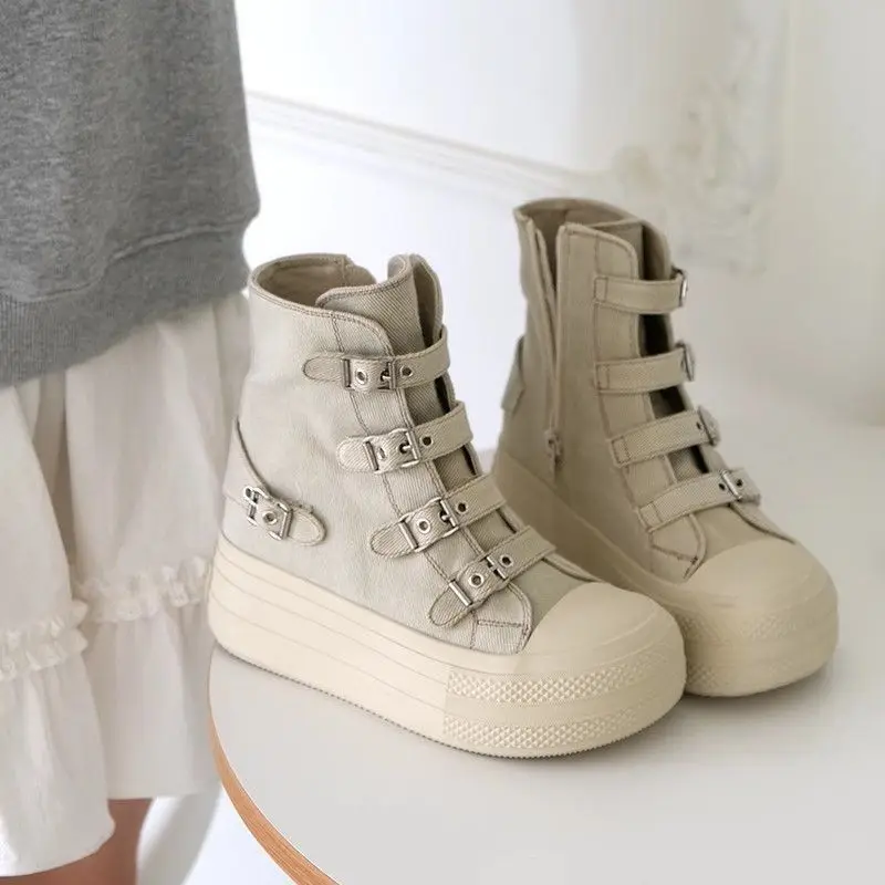 Belt Buckle Woman Platform Sneakers Shoes 2024 Female Retro Punk High-top Casual Shoes Canvas Shoes Ladies Fashion Cloth Shoes