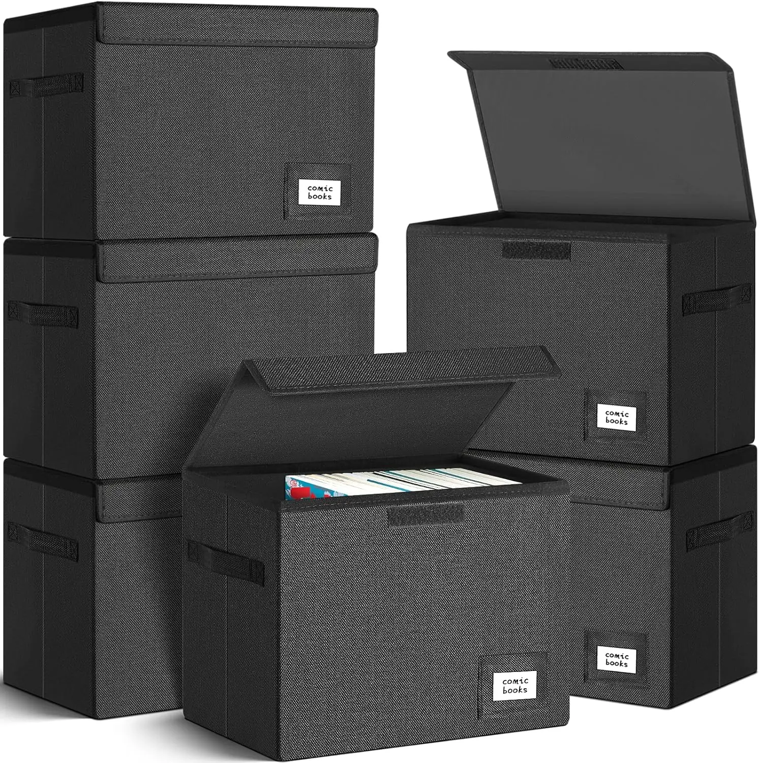 صندوق تخزين الكتب الهزلية القابلة للطي، حامل مقاوم للرطوبة قابل للتكديس مع غطاء، يحمل 150 كوميكس، 15.5 × 7.5 × 11.3 بوصة