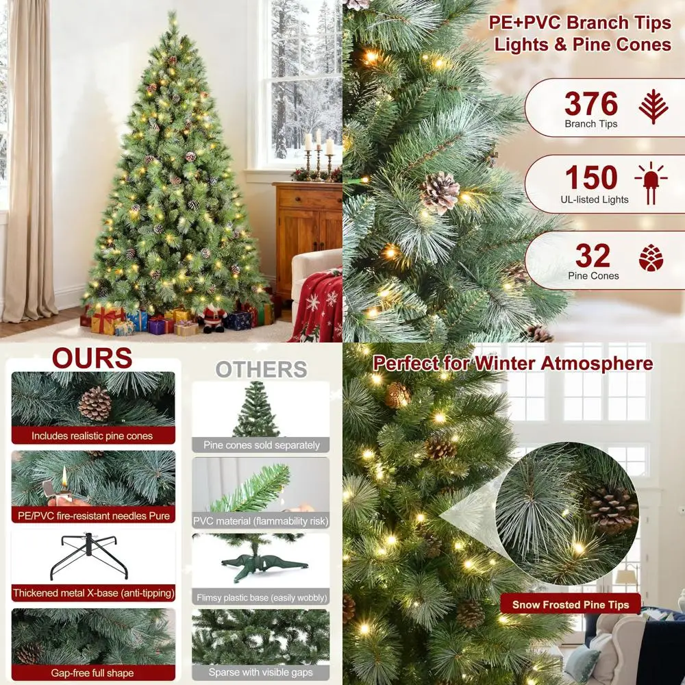 

4-футовая предварительно освещенная снежная сосновая рождественская елка с теплыми белыми огнями и сосновыми шишками, удобная искусственная елка для улицы для праздничного декора