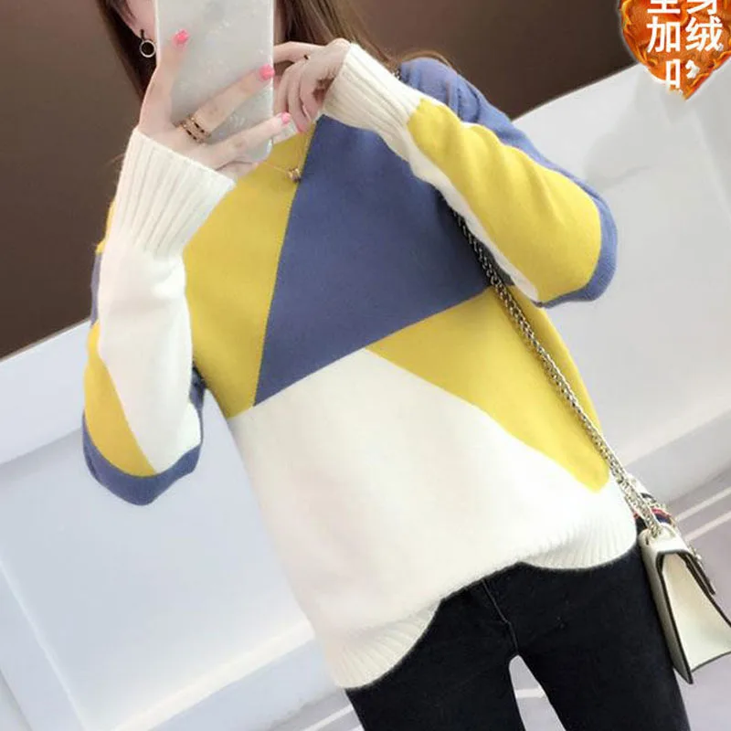 New Autumn and Winter Fashion Korean Version Plush Half High Neck Loose and Versatile Western-style Slim Knit Women's Sweater