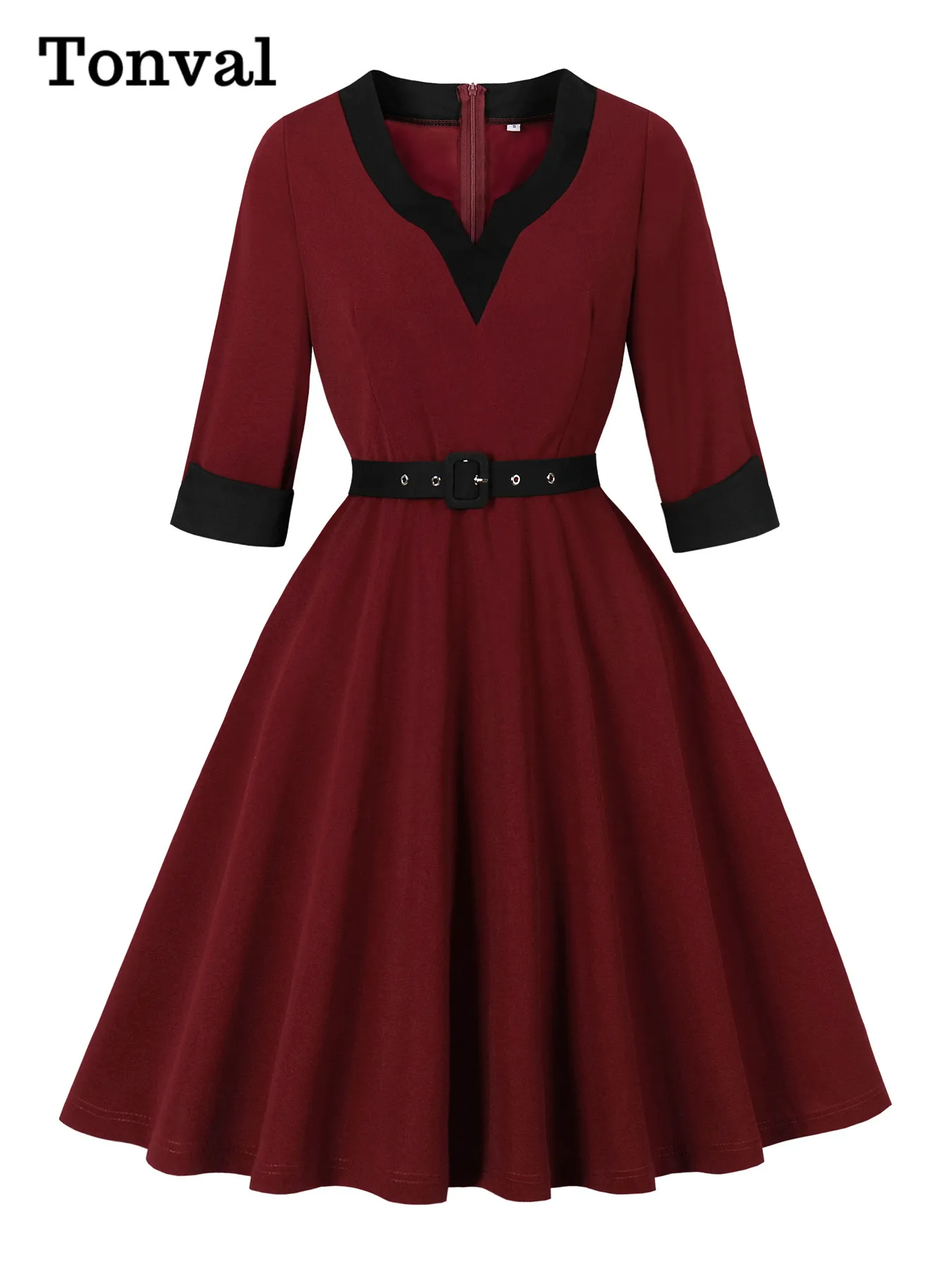 Tonval бордово-черное платье с v-образным вырезом и v-образным вырезом, осень 2022, винтажные платья для женщин, элегантное свободное платье с рукавами 3/4, с поясом Tonval бордово-черное платье с v-образным вырезом и v-образным вырезом, осень 2022, винтажные платья для женщин, элегантное свободное платье с рукавами 3/4, с поясом