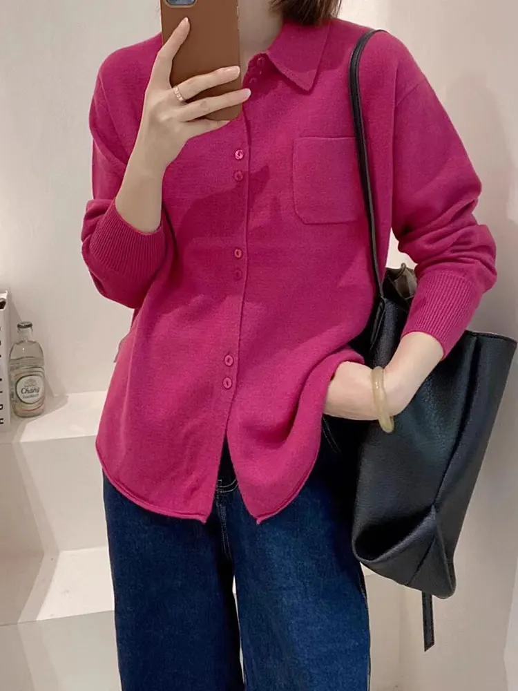 

Элегантная уникальная вязаная рубашка цвета малиновый с длинным рукавом и одной пуговицей, модный повседневный топ в корейском стиле, свободный крой
