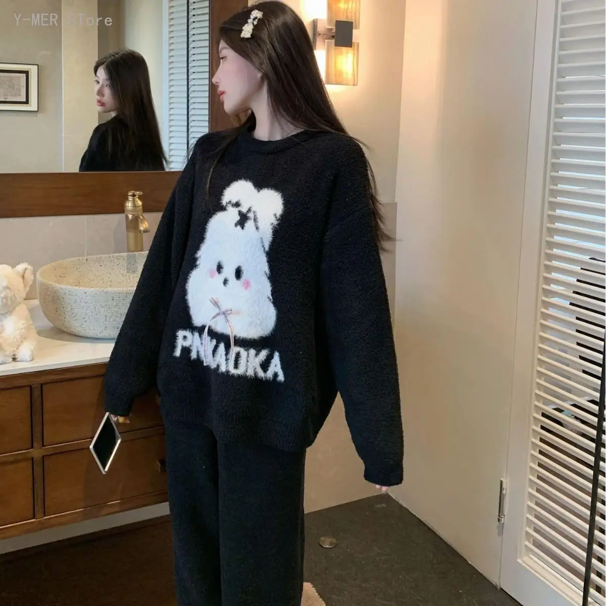 Women 2026 Autumn Winter Half Sided Fleece Pajama Set Thick Warm Fuzzy Soft Casual Ladies Loungewear Home Sleepwear