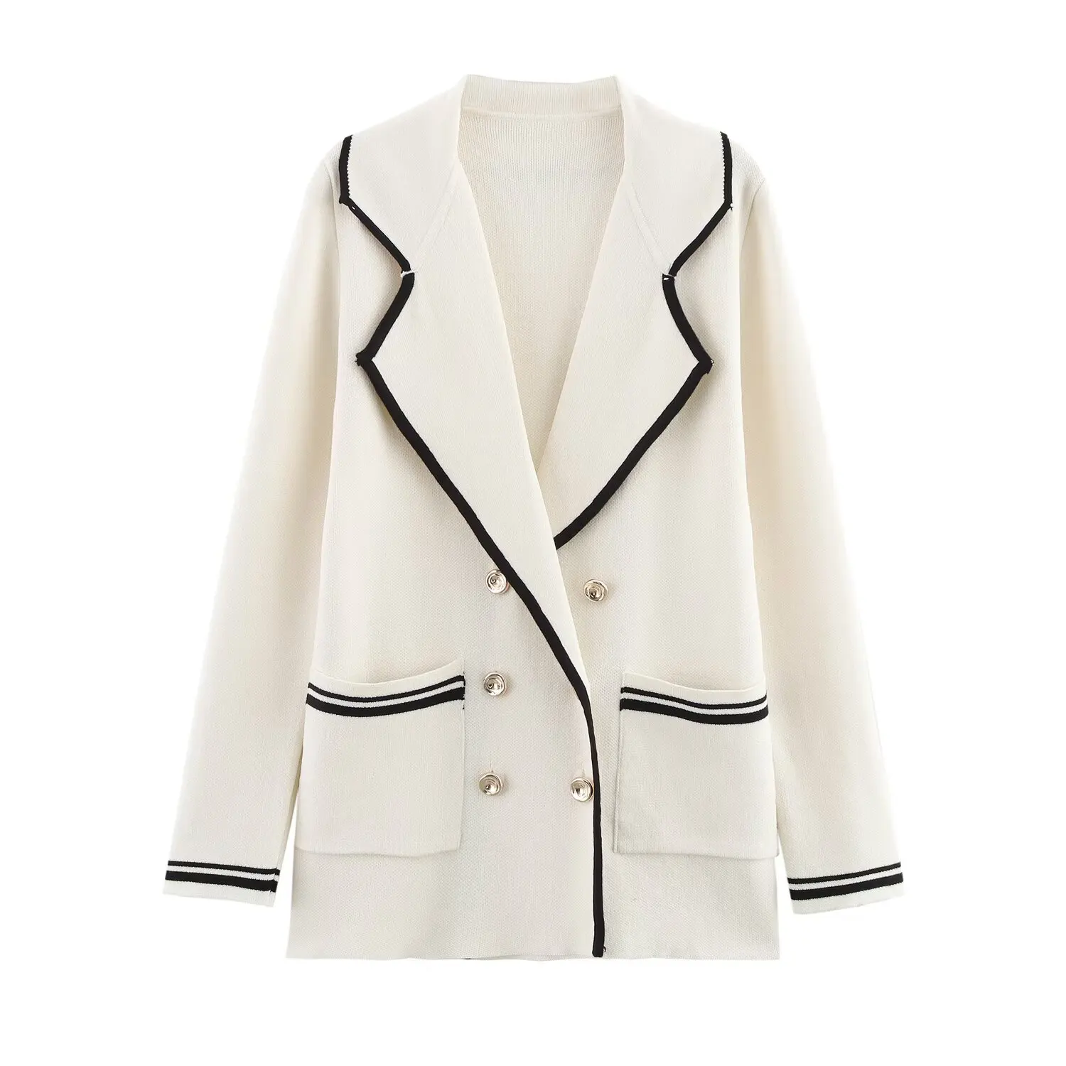 

2025 New Women's Clothing European and American Style Fashion Double-Breasted Knitted Lapel Long-Sleeved Jacket
