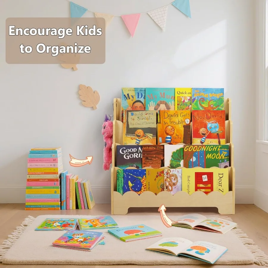 Estante de madeira recortada de 4 camadas para quartos, estante inspirada em montessori, ideal para crianças, berçário de bebês e clas