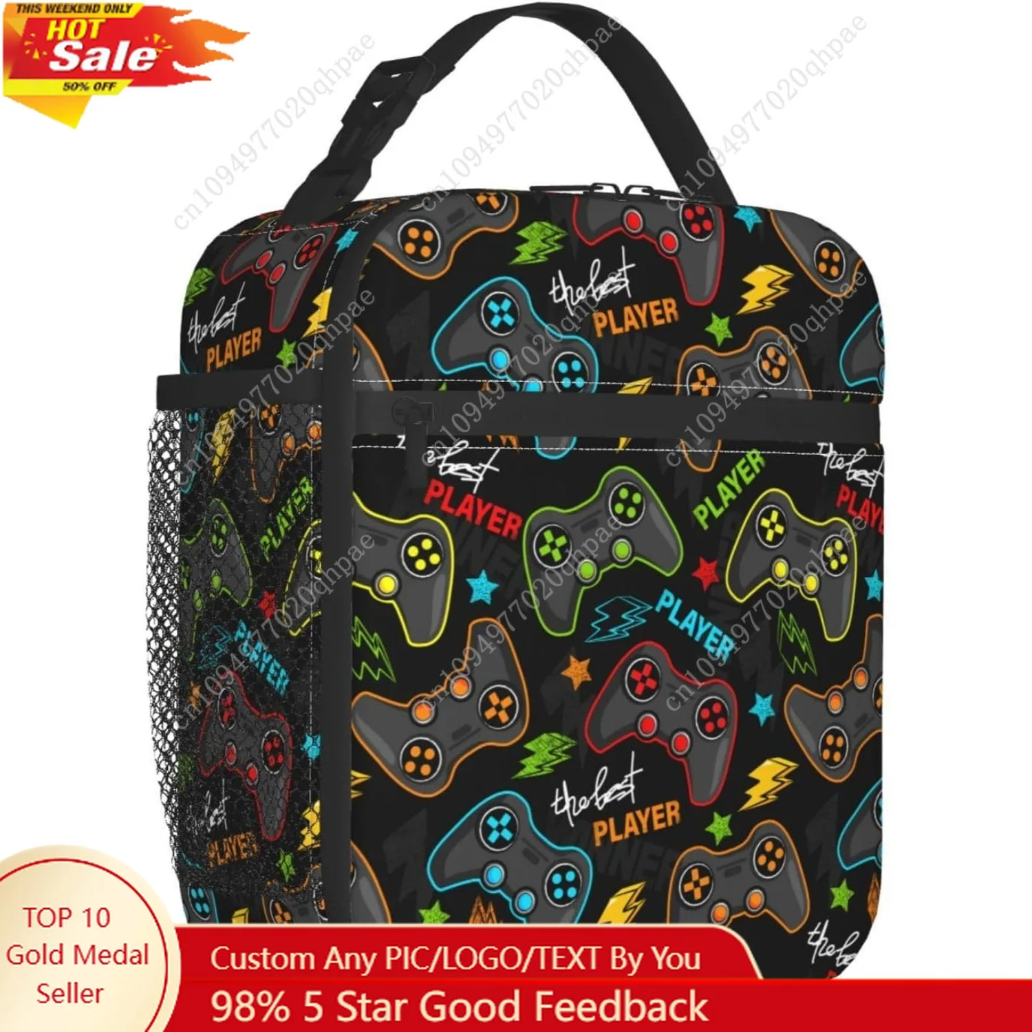 حقيبة غداء لوحدة التحكم في ألعاب الفيديو معزولة ومحمولة وقابلة لإعادة الاستخدام مع سحاب للنزهة والعمل والمكتب والسفر والمدرسة