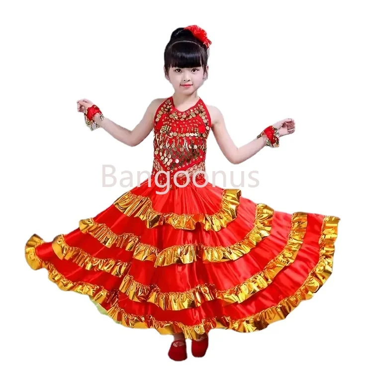 Opening Dance dress Kids Girls Belly Dance Costumes for Children Belly Dancing Indian Bollywood Performance Pratice Satin Skirt